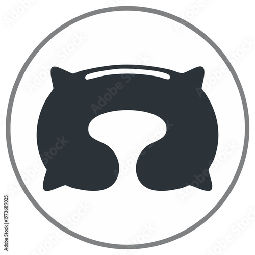 Travel pillow icon in circle, dark gray silhouette, neck support for comfort and rest