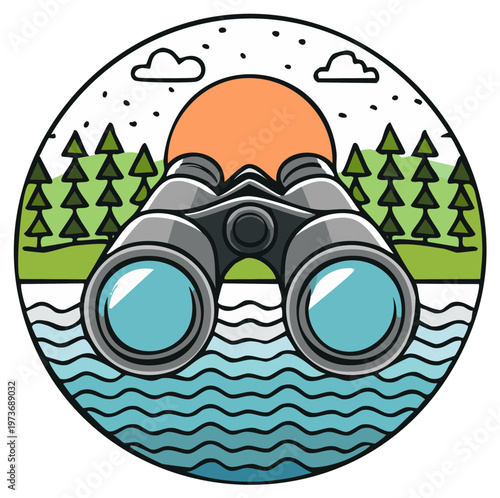 Outdoor exploration binoculars observing a serene mountain lake and forest sunset illustration