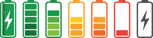 Battery level indicator icon set showing charge stages from full to empty, colorful energy status symbols, charging and low power signs isolated on light background