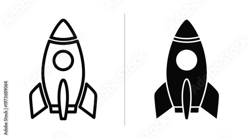 Contrasting styles of a rocket ship illustration in black and white versions
