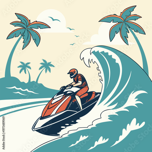 High-energy jet ski vector scene with dynamic water splashes and speed motion. Ideal for travel promotions, water sports branding, and summer advertising campaigns.