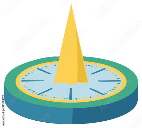Isometric Sundial Illustration with Angular Gnomon for Precise Timekeeping in Blue, Green, and Yellow Tones