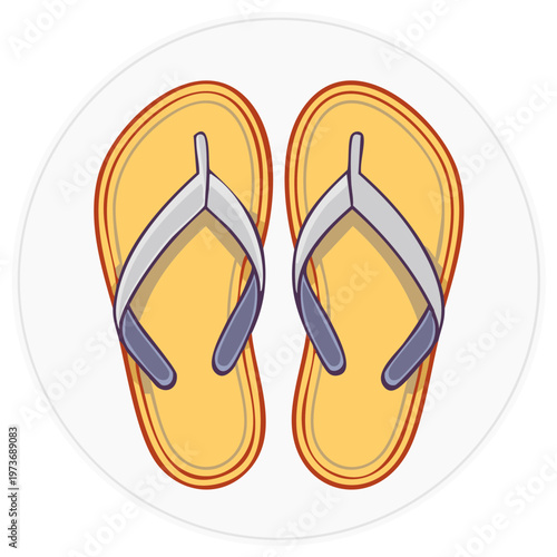Bright yellow open toe flip flops with gray straps on a white background illustration