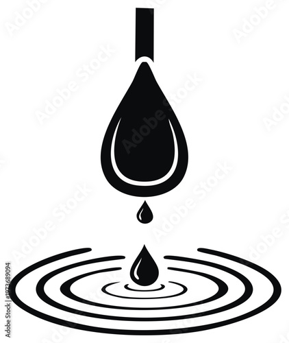 Liquid droplet falling onto water surface creating ripples, stylized graphic art