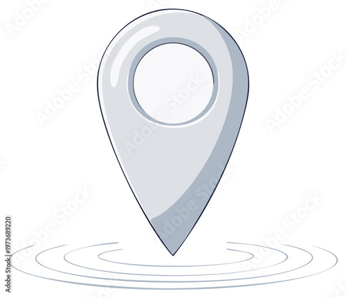 Simple gray location pin dropping onto concentric circles, graphic for navigation and finding places