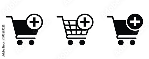 Three shopping cart icons with plus signs for adding items