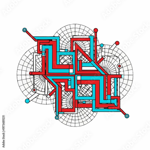 Complex geometric shapes and lines intersect.