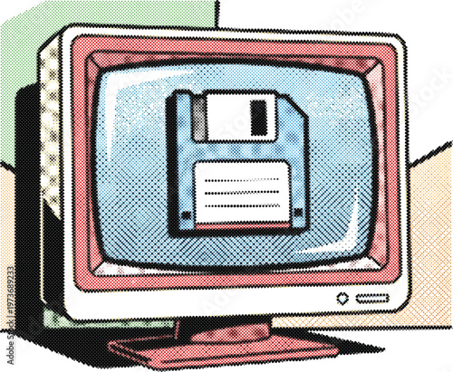 Retro pop art vintage computer monitor vector for tech nostalgia poster
