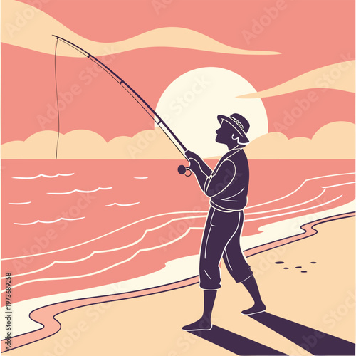 Peaceful shore fishing scene with calm ocean and sunset view. Ideal for outdoor lifestyle, fishing brands, and tourism visuals.