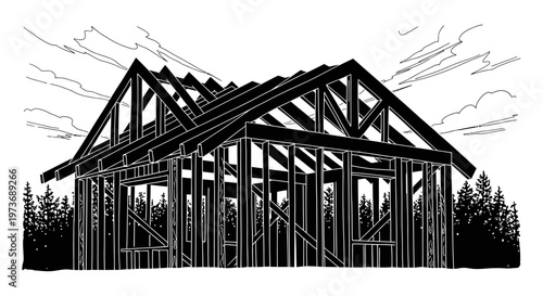 black and white illustration of house construction showing wooden framing and roof trusses in a forest setting.