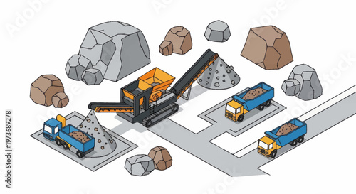 Industrial quarry operation with heavy machinery and trucks.