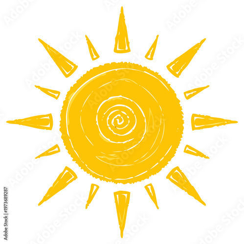 Yellow sun illustration with hand-drawn style and spiral center, heat or light concept