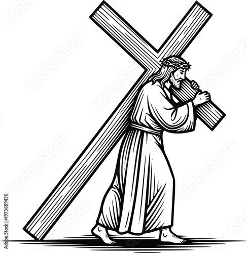 Jesus Christ Carrying the Cross Hand Drawn Vector Christian Biblical Illustration