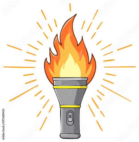 Cartoon illustration of a gray flashlight with a bright flame, emanating light rays, symbolic of illumination, guidance, and the power of knowledge