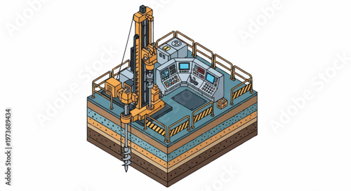 Isometric Drilling Rig Platform with Control Room and Underground Layers.