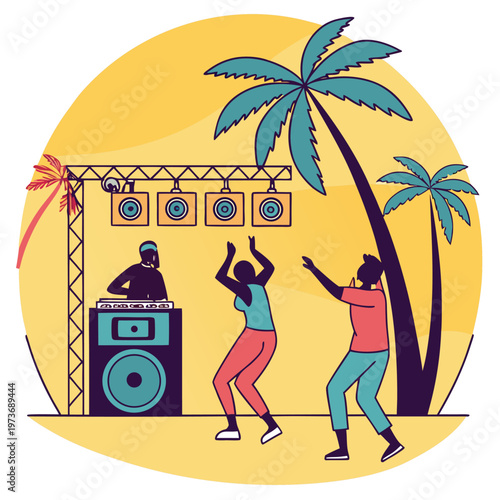 Energetic beach party with DJ, music, and dancing crowd. Ideal for nightlife promotions, summer festivals, and event marketing designs.