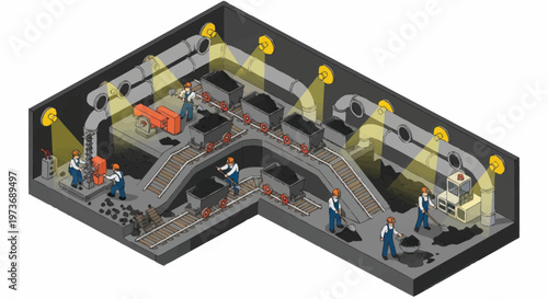 Isometric illustration of a modern factory production line.