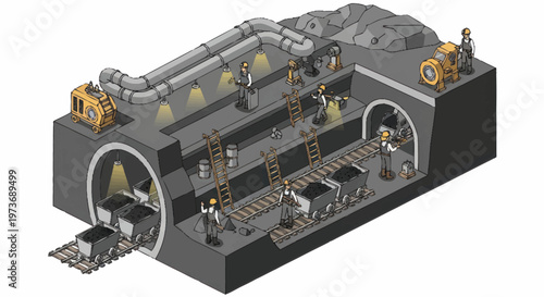 Cross-section of underground tunnel construction with machinery.