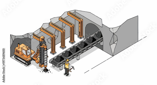 Mining operation with drilling and conveyor belt system.