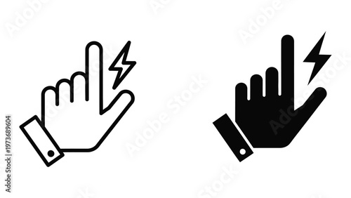 Hand gestures indicating touchscreen and lightning bolt symbolizing charge or energy transfer