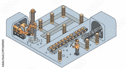 Mining operation with drilling machine and conveyor belts.