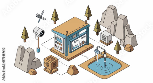 Isometric Building with Fountain and Mailbox Elements.