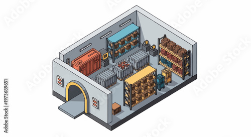 Isometric view of a storage unit filled with various items.