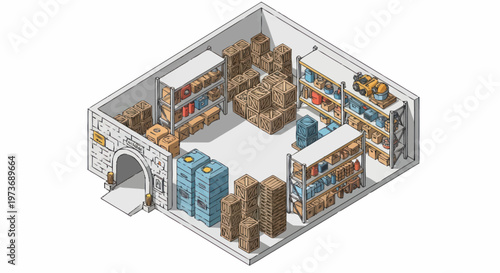 Isometric view of a well-stocked storage unit interior.