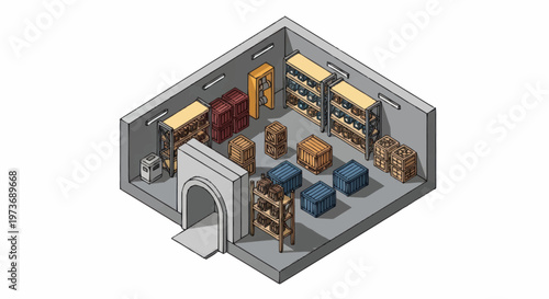 Isometric Storage Unit Filled with Boxes and Shelving.