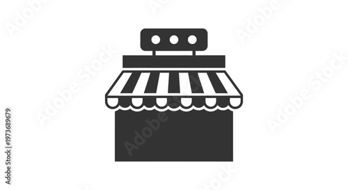 a graphic storefront icon with a striped awning and business sign symbolizing retail shopping and e-commerce.