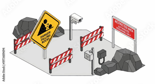Danger Falling Rocks Warning Sign and Barriers.
