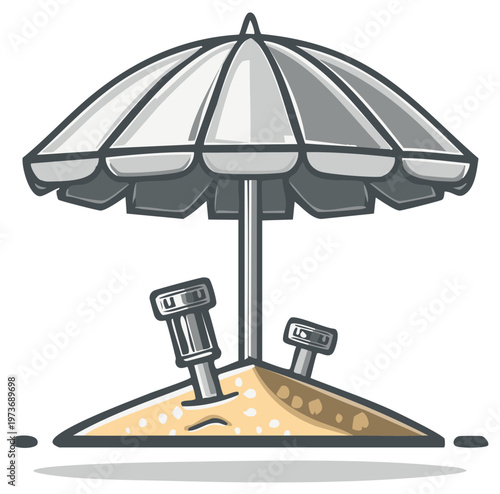 Humorous illustration of a sand mound with an umbrella for protection and pins