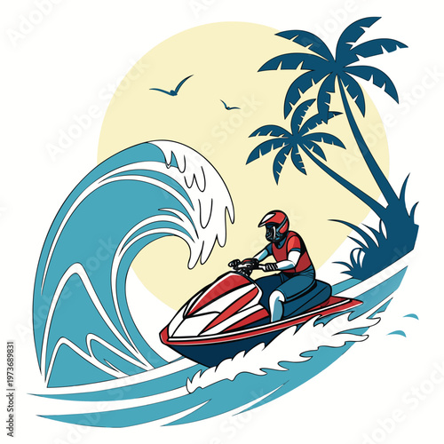 High-energy jet ski vector scene with dynamic water splashes and speed motion. Ideal for travel promotions, water sports branding, and summer advertising campaigns.