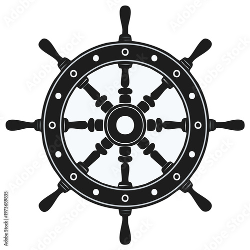 Detailed vector ship steering wheel illustration isolated on white, antique nautical gear, retro marine equipment symbol for adventure and navigation