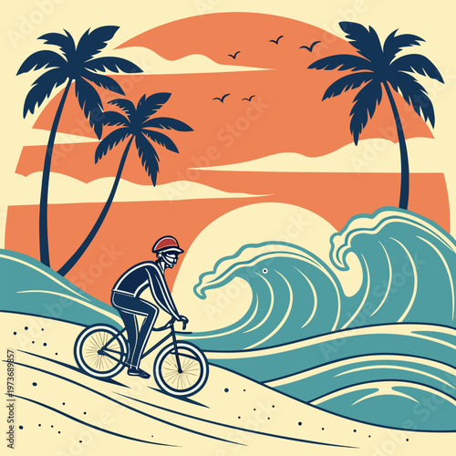 Relaxing beach cycling scene featuring a rider moving along sandy shores with ocean waves and tropical background. Ideal for travel promotions, lifestyle branding, fitness campaigns, and summer-themed