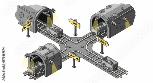 Cartoon Train Station Crossroads with Tunnels and Tracks.