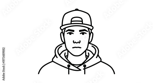 young man wearing a casual hoodie and backward baseball cap a modern line art avatar for digital profiles.