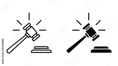 Contrasting visual styles of a judge's gavel icons in black and white