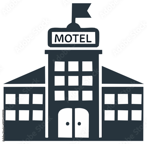 Motel building illustration with flag and sign in a minimalist design
