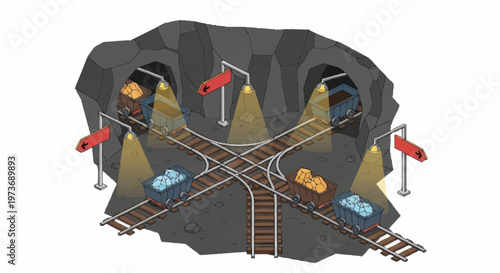 Mining Cart Railway Intersection with Coal and Ore.