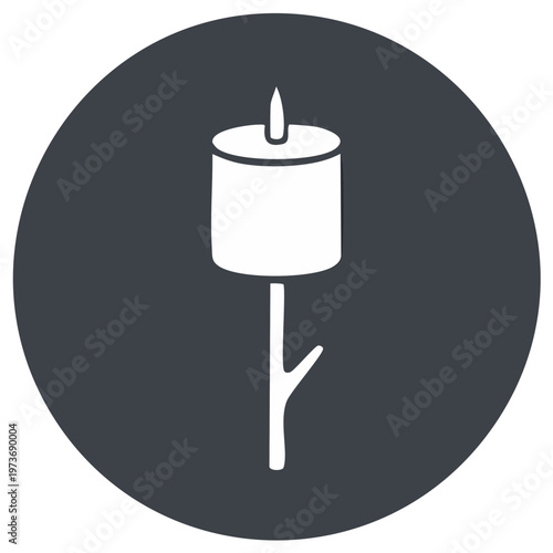 A simple white illustration of a marshmallow on a stick being roasted over a fire.