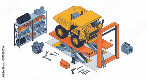 Heavy Duty Mining Truck Undergoing Maintenance on Industrial Lift.