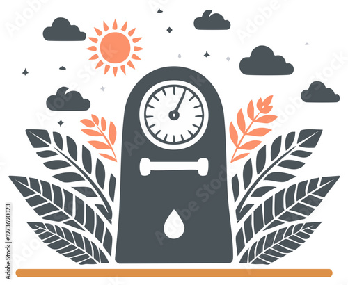 Water Well Pump Illustration with Leaves Clouds and Sun for a Sustainable Water Resource