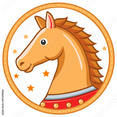 Whimsical cartoon horse head in a decorative golden circle with stars illustration