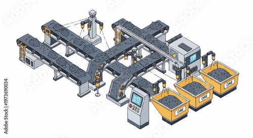 Automated Industrial Conveyor System with Robotic Arm and Bins.
