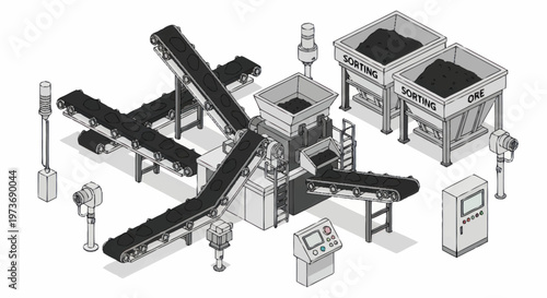 Industrial Conveyor System with Processing Machinery and Hoppers.