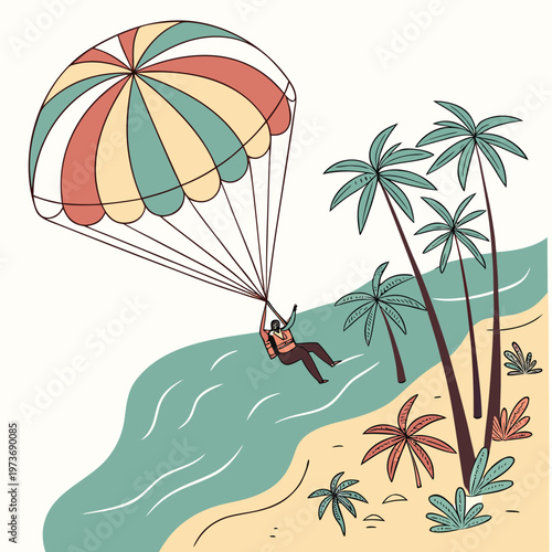 Colorful parasailing vector showing a person flying above the ocean with a parachute. Perfect for tourism ads, beach promotions, and adventure travel designs.