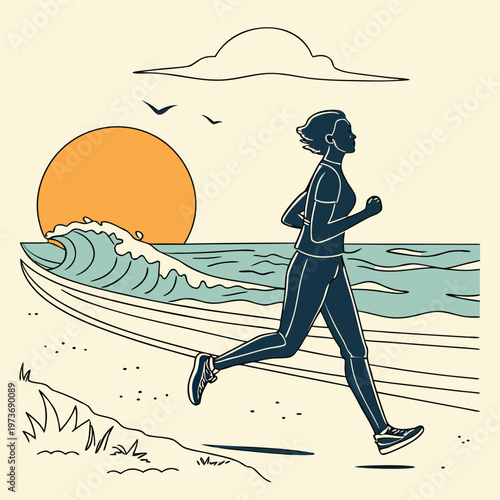 Energetic beach running scene with sunrise atmosphere and ocean waves. Perfect for fitness branding, sports campaigns, and healthy lifestyle designs. Clean vector format ensures flexibility.