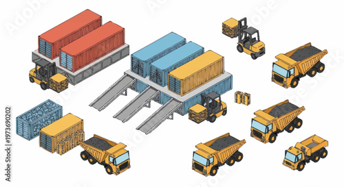 Isometric Logistics and Shipping Container Yard Scene.