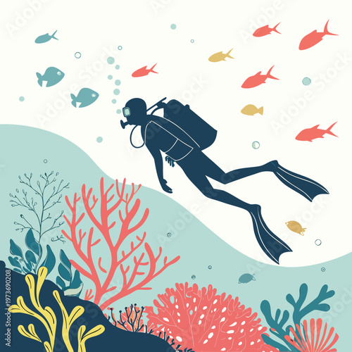Underwater scuba diving vector with coral reef and marine life. Ideal for tourism, marine education, and adventure design projects.